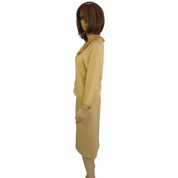 By Damon Vintage Skirt Sweater Set 10 Yellow 100% Wool Midi Pencil Ruffle Italy - Picture 4 of 11